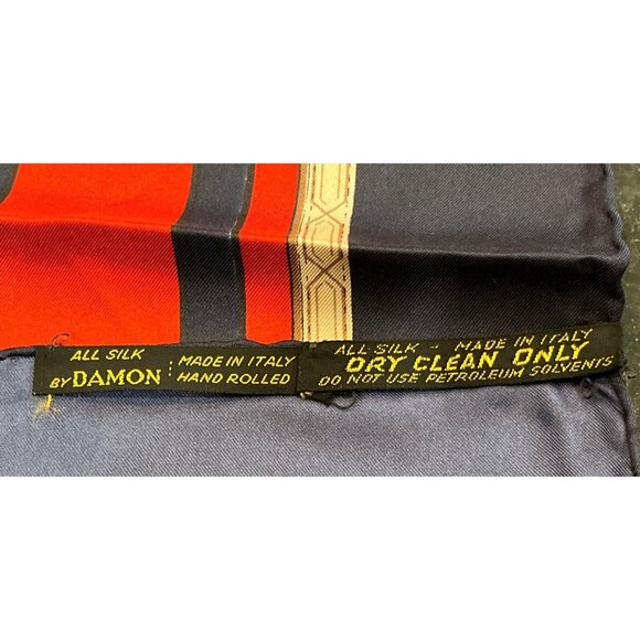 Vtg 1970's DAMON All Silk Equestrian Scarf Made In Italy Hand Rolled Red Blue - Picture 2 of 10